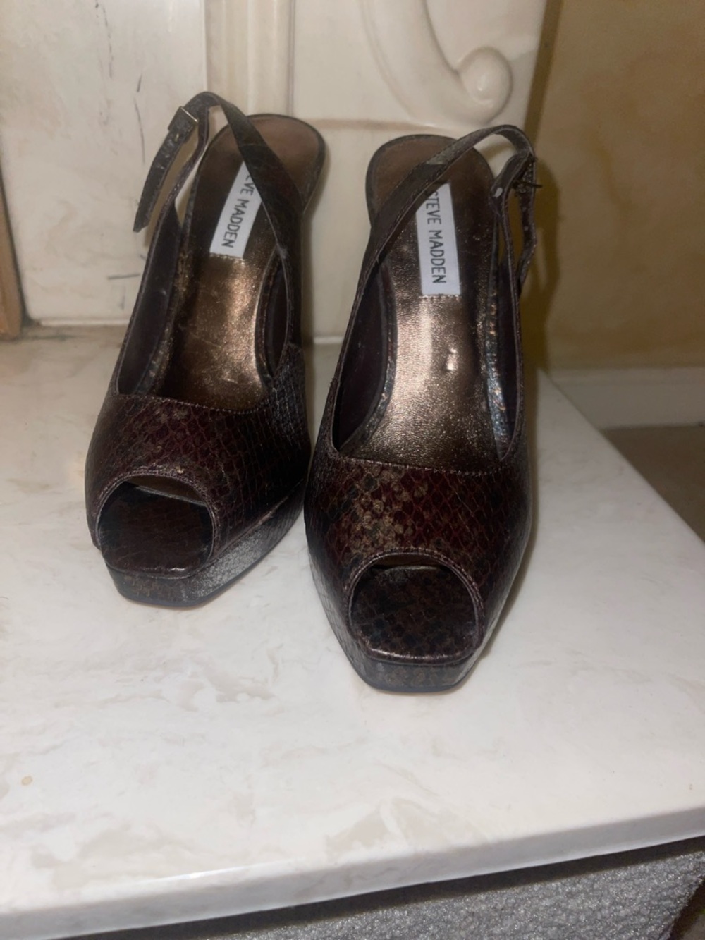 Steve Madden Dark Brown Snakeskin Peep-Toe Slingback Heels